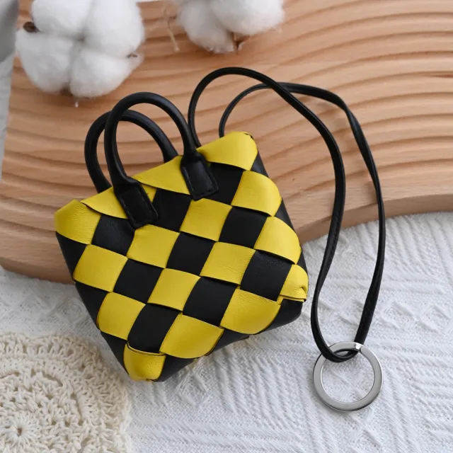 【BOTTEGA VENETA 寶緹嘉】手工編織迷你手提包造型鑰匙圈吊飾零錢包(黃黑)