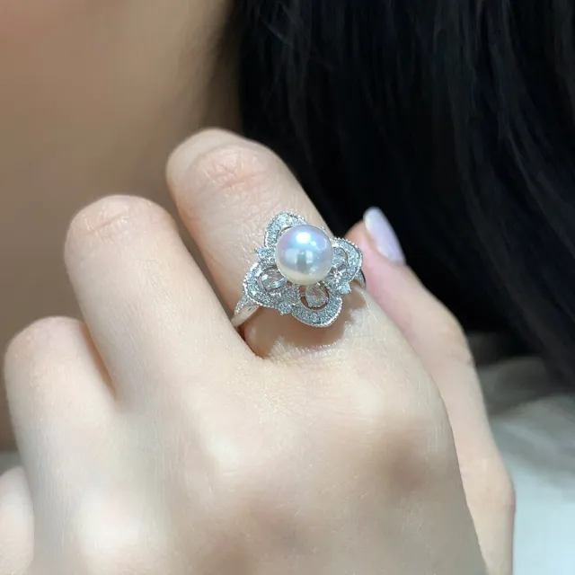 月輝珠寶 7-7.5mm 頂級日本 Akoya 海水珍珠 18K金鑽石戒指 四葉草設計 四吋有光系列 正圓強光