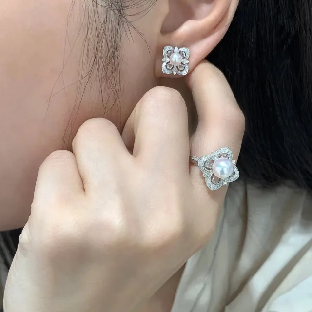 月輝珠寶 7-7.5mm 頂級日本 Akoya 海水珍珠 18K金鑽石戒指 四葉草設計 四吋有光系列 正圓強光