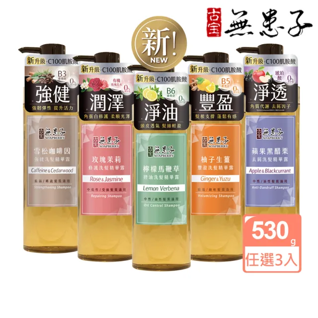 【古寶無患子】3瓶入 成分升級新上市-無矽靈洗髮精露530g(強健髮根/豐盈髮絲/潤澤柔順/控油去屑)
