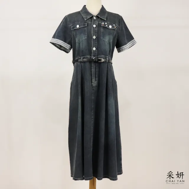 【CHAI YAN 采妍】貝殼鈕釦蕾絲袖牛仔洋裝(春夏女裝/中大尺碼/專櫃/寬鬆/透氣)