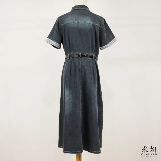 【CHAI YAN 采妍】貝殼鈕釦蕾絲袖牛仔洋裝(春夏女裝/中大尺碼/專櫃/寬鬆/透氣)