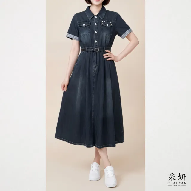 【CHAI YAN 采妍】貝殼鈕釦蕾絲袖牛仔洋裝(春夏女裝/中大尺碼/專櫃/寬鬆/透氣)