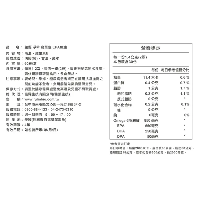 【FU LIN 富霖生技】益優淨萃 Omega-3 頂級魚油 EPA+DHA+DPA (60粒/瓶) rTG魚油