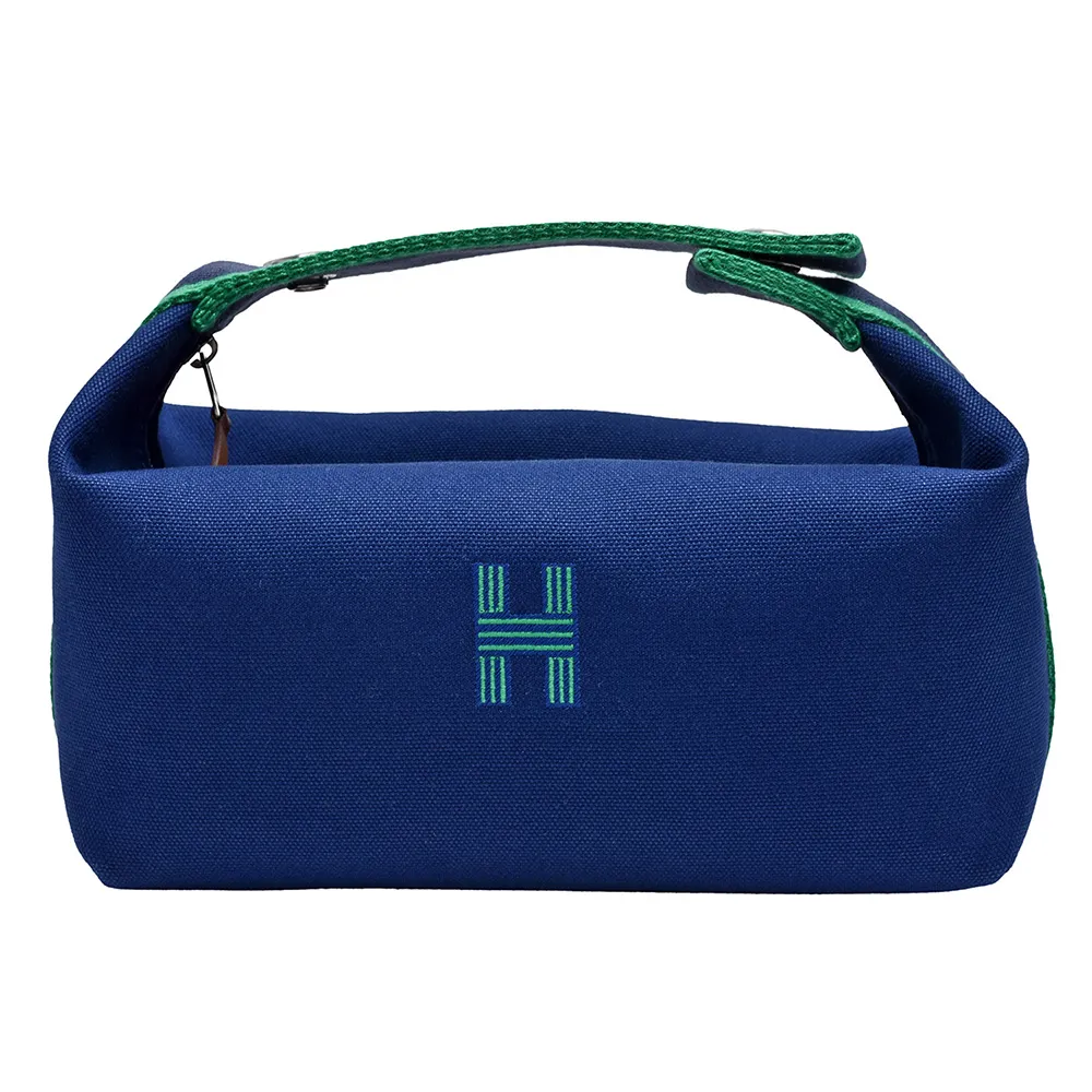 【Hermes 愛馬仕】經典Trousse Bride-A-Brac帆布拉鍊手提盥洗包(小-深藍色H103223M-BLUE)
