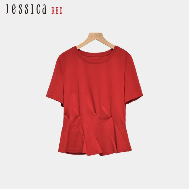 【Jessica Red】修身素色圓領荷葉邊棉質短袖上衣（紅）R63602