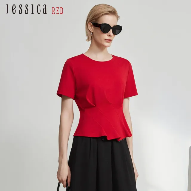 【Jessica Red】修身素色圓領荷葉邊棉質短袖上衣（紅）R63602
