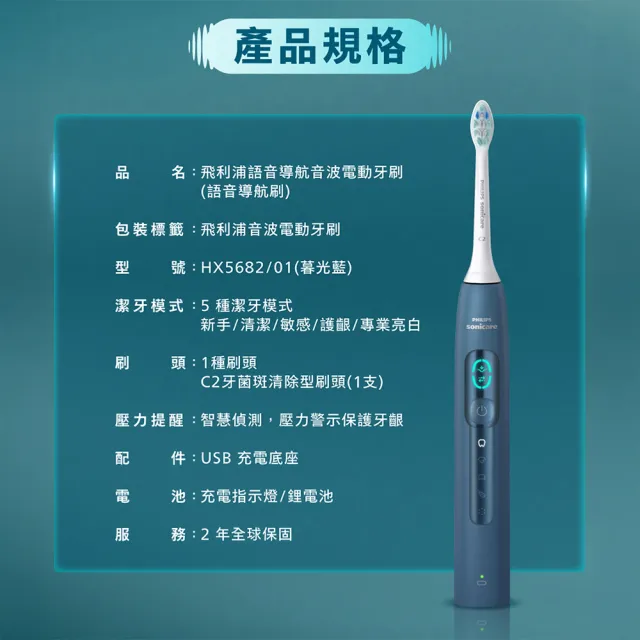 【Philips 飛利浦】momo獨家 HX5682/01 語音導航音波電動牙刷-(暮光藍/官方直營/momo集資)