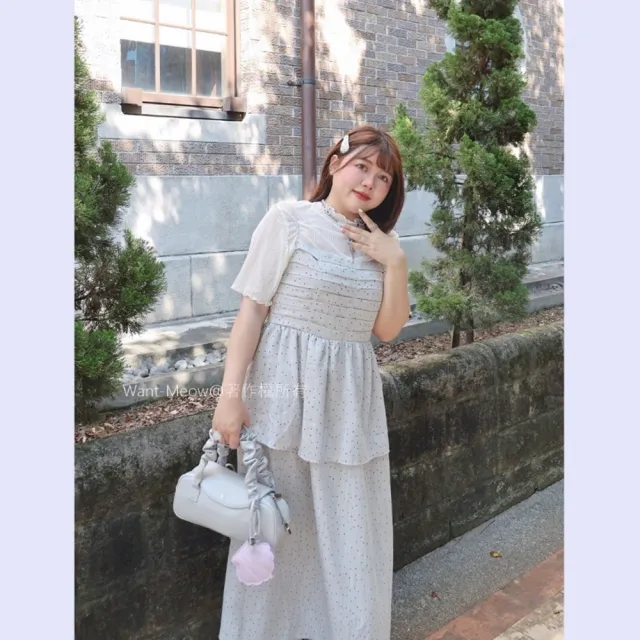 【Want-Meow】70公斤可穿/日系點點細肩帶洋裝顯瘦蛋糕裙長洋裝長裙(大碼/大尺碼/加大碼/洋裝)