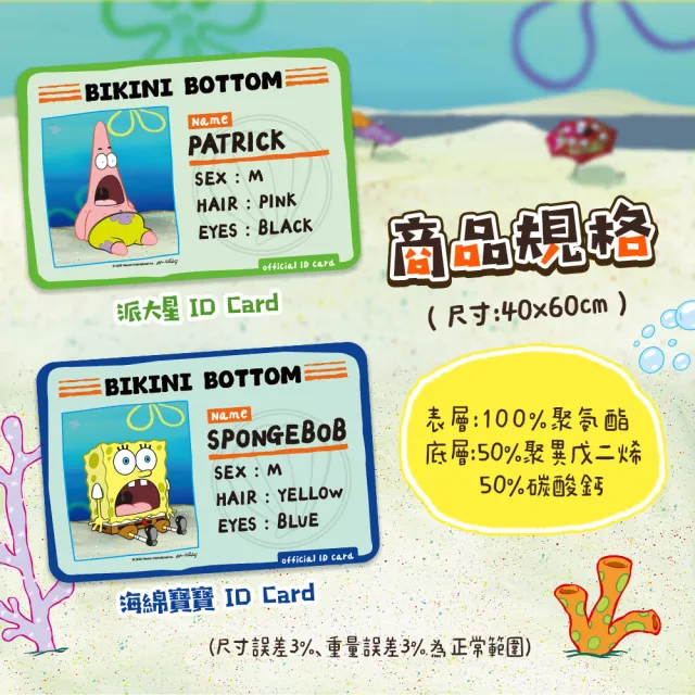 【SpongBob 海綿寶寶】2條組-比奇堡居民吸水皮革止滑地墊-(海綿寶寶派大星身分證 0.4公分特薄)