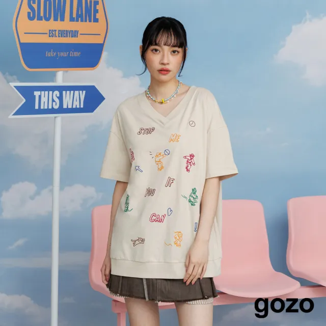 【gozo】穿越滑板V領涼感寬鬆T恤(淺卡其/淺藍)