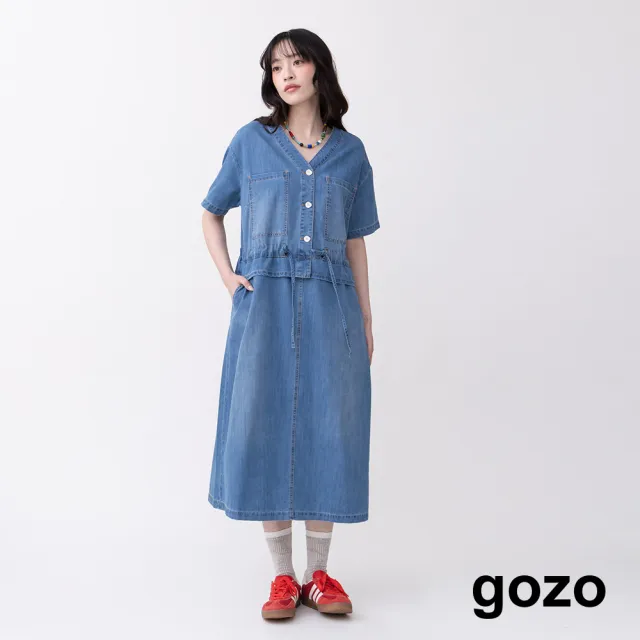 【gozo】V領綁腰薄款牛仔長洋裝(深藍/藍色)