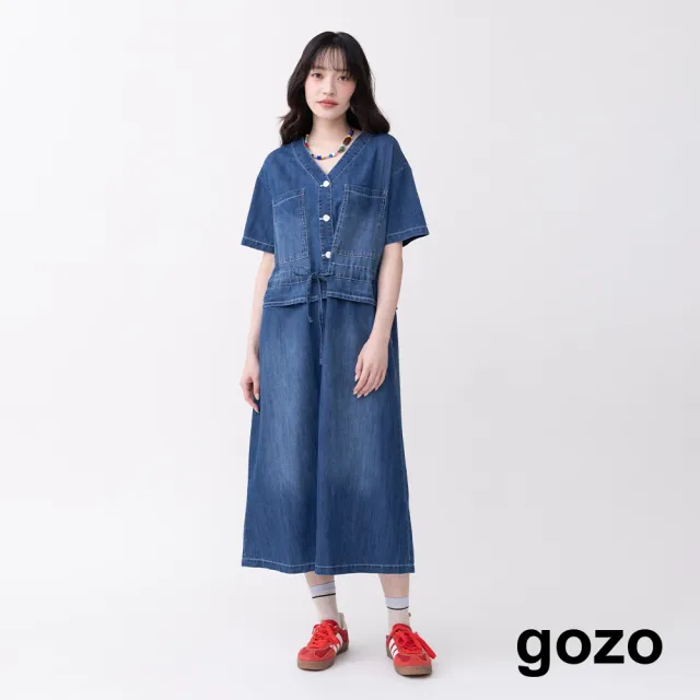 【gozo】V領綁腰薄款牛仔長洋裝(深藍/藍色)