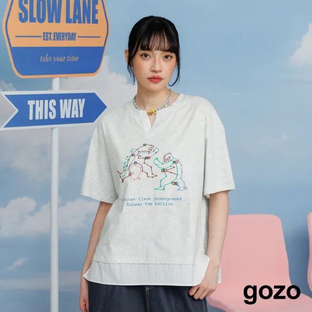 【gozo】哥吉拉交通路線圖假兩件拼接涼感T恤(黑色/淺灰)