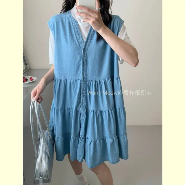 【Want-Meow】90公斤可穿/寬鬆V領顯瘦牛仔蛋糕裙吊帶裙連身長洋長裙洋裝(大碼/大尺碼/加大碼/孕婦裝/洋裝)