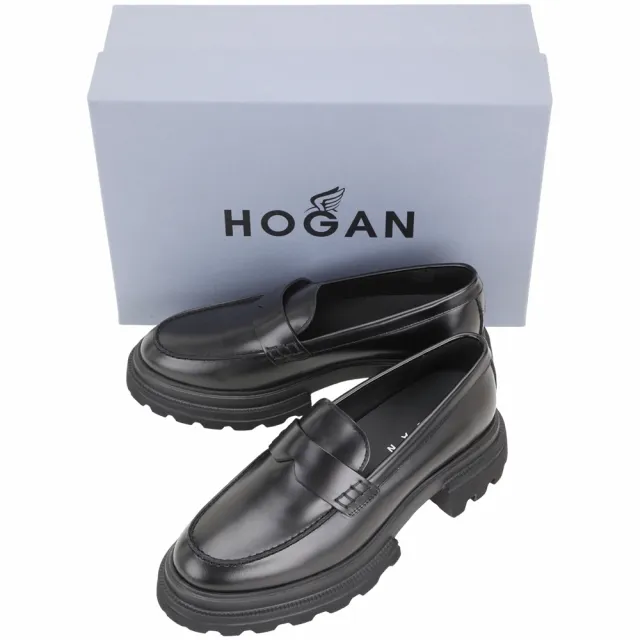 【HOGAN】10-Storey 光滑小牛皮厚底鋸齒樂褔鞋-黑色(皮鞋 樂福鞋 厚底鞋)