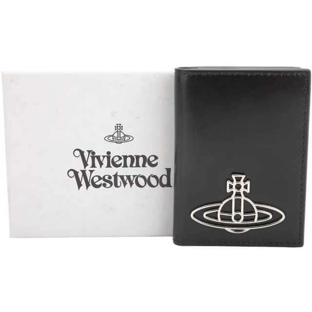 【Vivienne Westwood】星球標誌滑面牛皮對折直式卡片夾 證件夾(黑色)