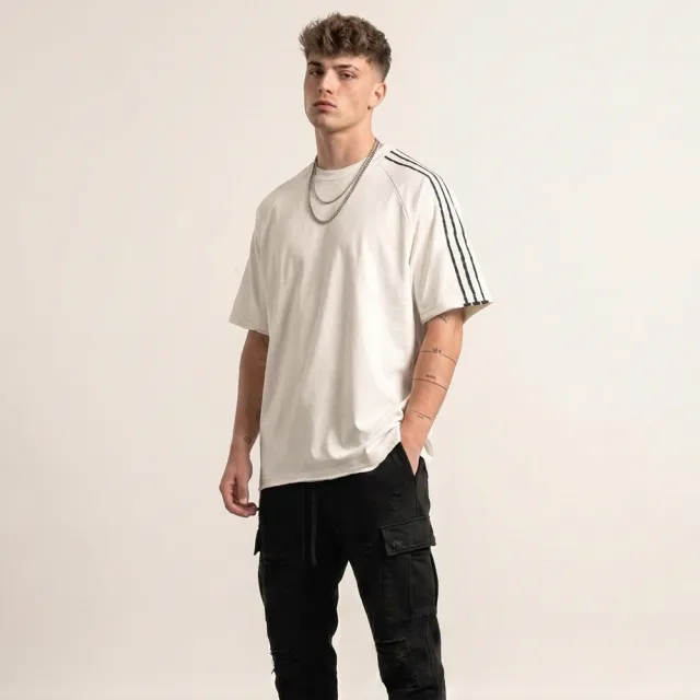 【Y-3 山本耀司】RAW EDGE 三條紋插肩袖短袖T恤(寬鬆/米白)