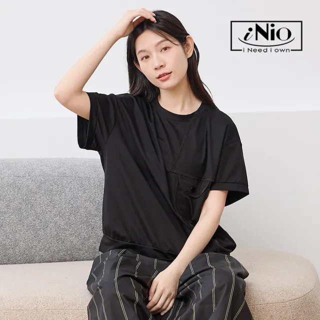 【iNio 衣著美學】單側立體拼接短袖上衣 造型口袋落肩棉T 微縮下襬圓領短袖 寬鬆顯瘦休閒上衣  CHW1079