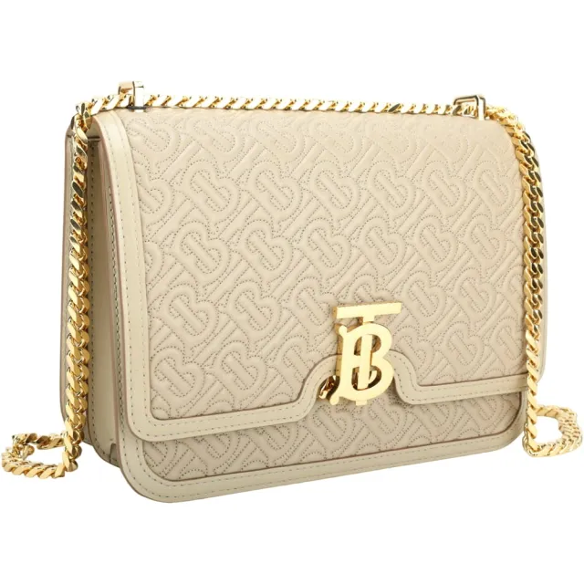 【BURBERRY 巴寶莉】TB 中型 字母絎縫羔羊皮鍊帶肩 斜背包(卡其色)