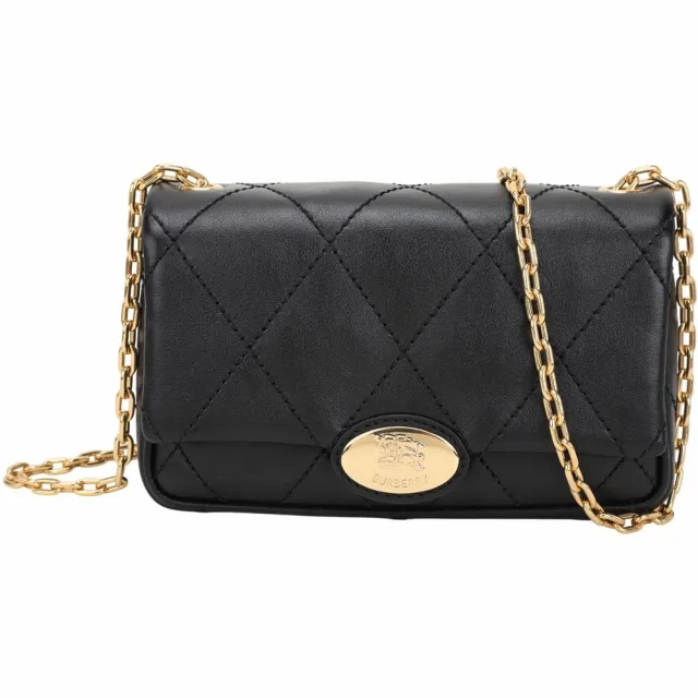 【BURBERRY 巴寶莉】Strand 絎縫小牛皮鍊帶手拿 斜背包(黑色)