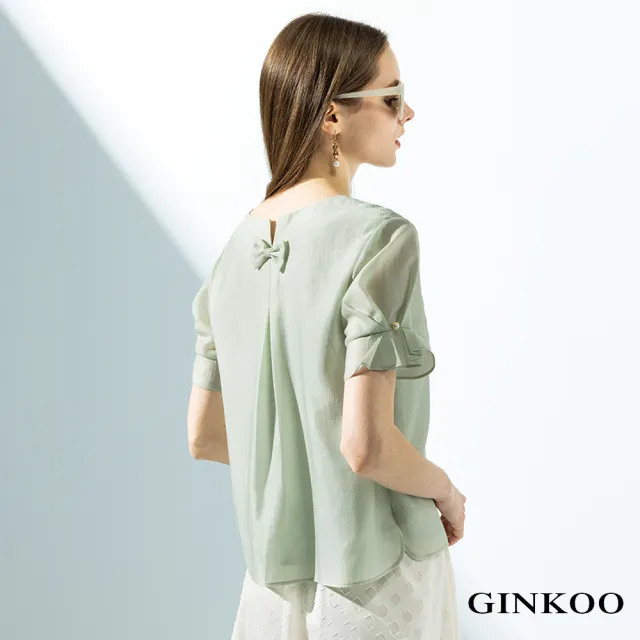 【GINKOO 俊克】後領蝴蝶結袖口荷葉天絲上衣