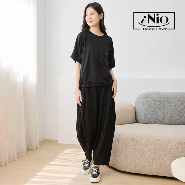【iNio 衣著美學】立體縫線鬆緊腰哈倫褲 垂墜寬鬆休閒長褲 立體拼接隱形口袋 顯瘦哈倫褲  CHW2041