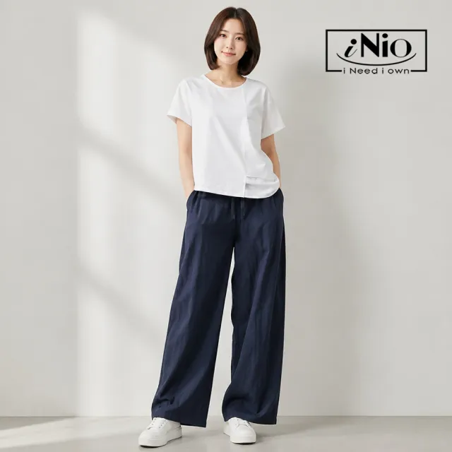 【iNio 衣著美學】透氣舒適鬆緊腰寬褲 垂墜顯瘦寬版休閒褲 鬆緊腰長褲 隱形口袋長褲  CHW2049