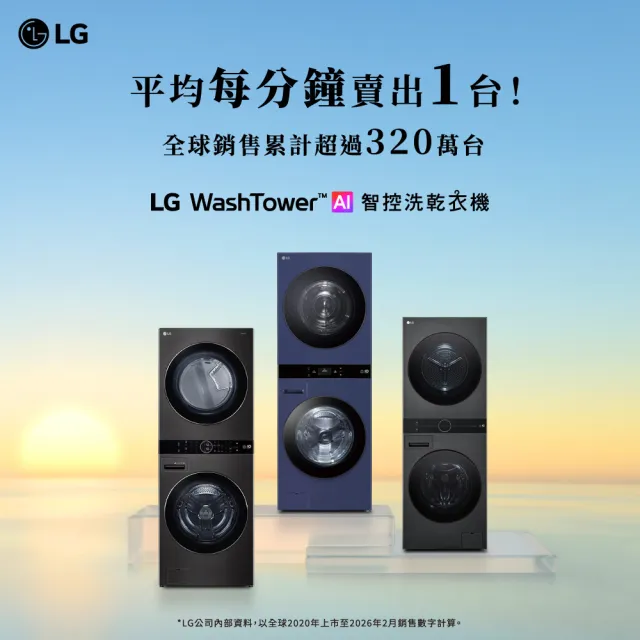 【LG 樂金】家電快配22公斤+20公斤◆ WashTower AI 智控洗乾衣機第二代◆雲霧白(WD-S2220EW)