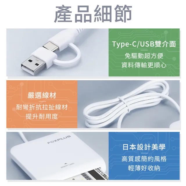 FOXPLUS 晶片讀卡機 Type-C/USB雙介面 兩年保固日本設計台灣製造免驅動 健保卡報稅自然人工商憑證