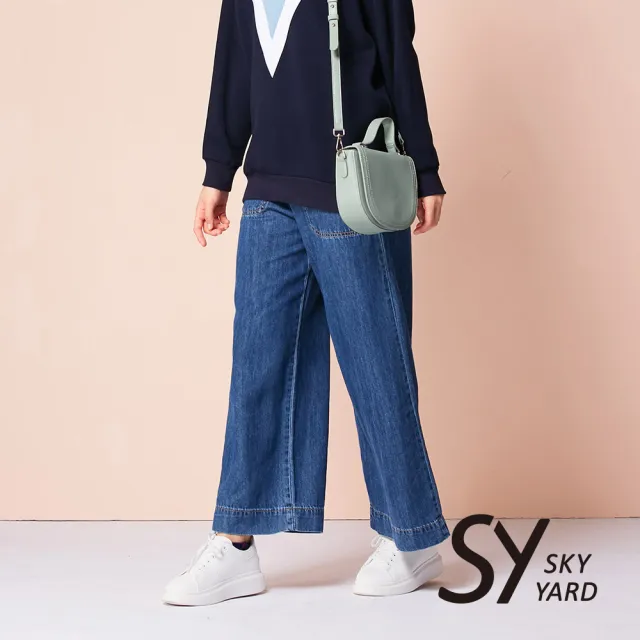 【SKY YARD】網路限定款-水洗九分牛仔寬口褲-深藍
