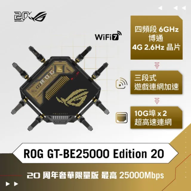 【ASUS 華碩】WiFi 7 四頻 GT-BE25000 ROG二十周年限量版 電競 路由器/分享器(ROG Rapture GT-BE25000)
