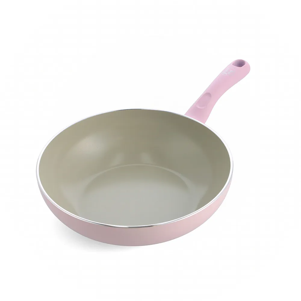 【GreenPan】GreenChef 鑽石陶瓷塗層不沾炒鍋 Sandstone 28cm 櫻花粉(不含蓋/不挑爐具/不沾鍋/陶瓷)