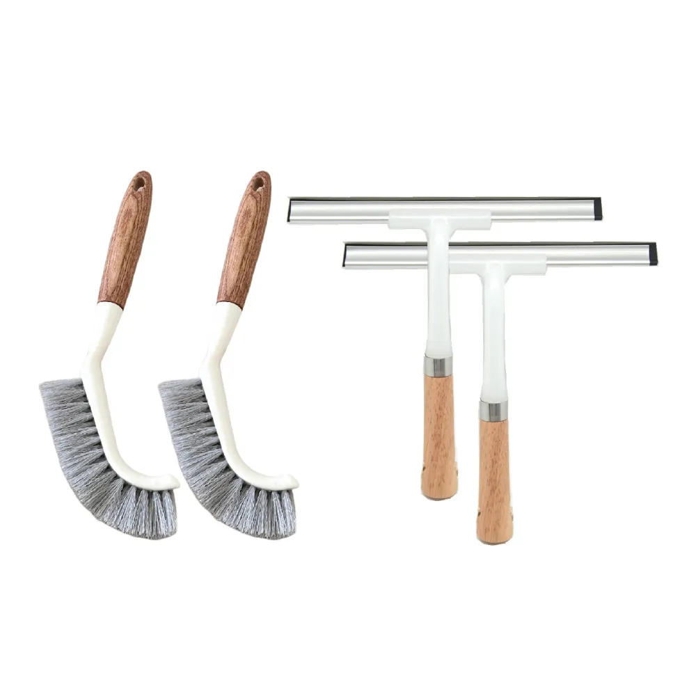 【青禾坊】和風圓弧硬毛刷_2入+和風多功能刮水器_2入(直角清潔刷 轉角直角刷 T型刮水器 玻璃清潔刮)