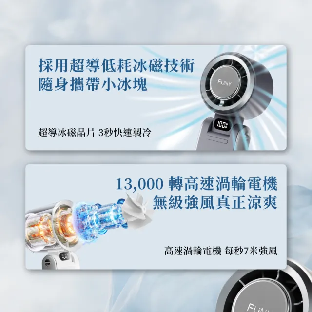 【FUNY】冰鎮渦輪多功能風扇 手持 脖掛風扇 (底部掛勾可桌立 可折角 3秒製冷 100檔無級強風)
