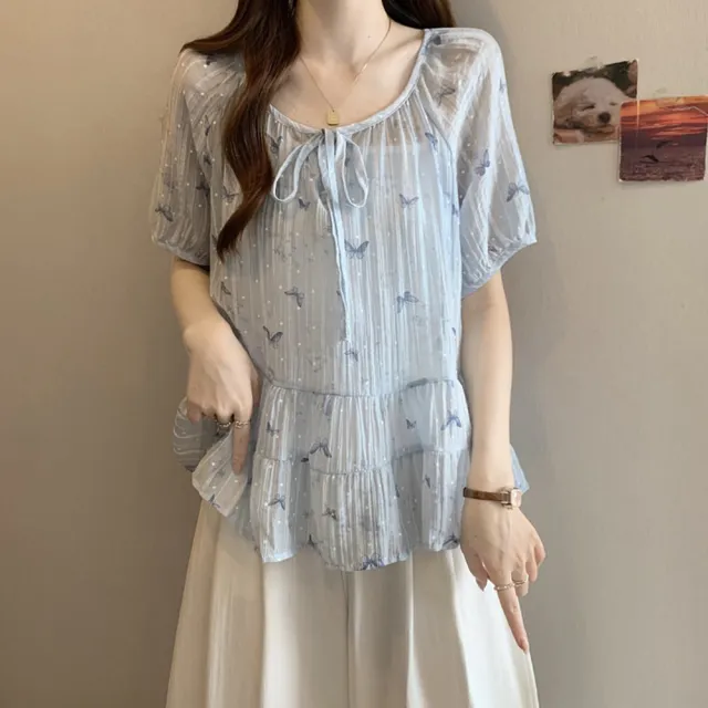 【ALLK 歐楷】新品上架 夏季短袖寬鬆減齡兩件式氣質紮染撞色繫帶上衣 2色 尺寸L-XXL/中大尺碼/涼爽/透氣