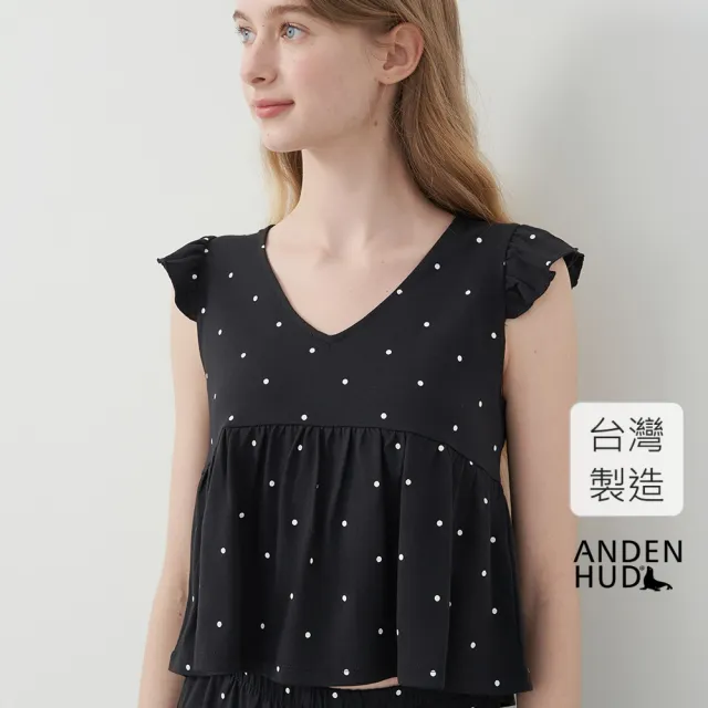 【Anden Hud】上衣_Lazy Day．莫代爾棉抽皺短袖短版上衣(黑色-波波圓點)