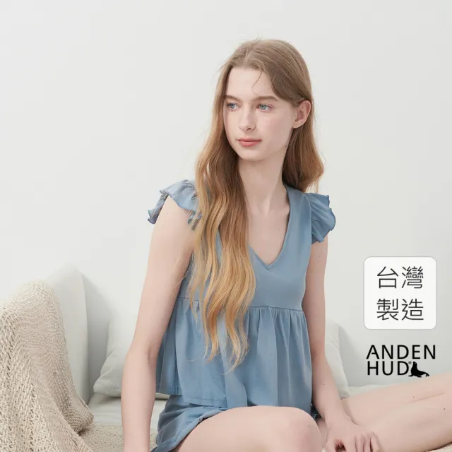 【Anden Hud】上衣_Lazy Day．莫代爾棉抽皺短袖短版上衣(暮雲藍)