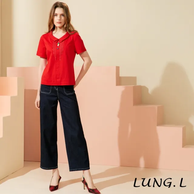 【LUNG.L 林佳樺】LW24A 紅色立體飾條搭配彩釦短袖女裝上衣