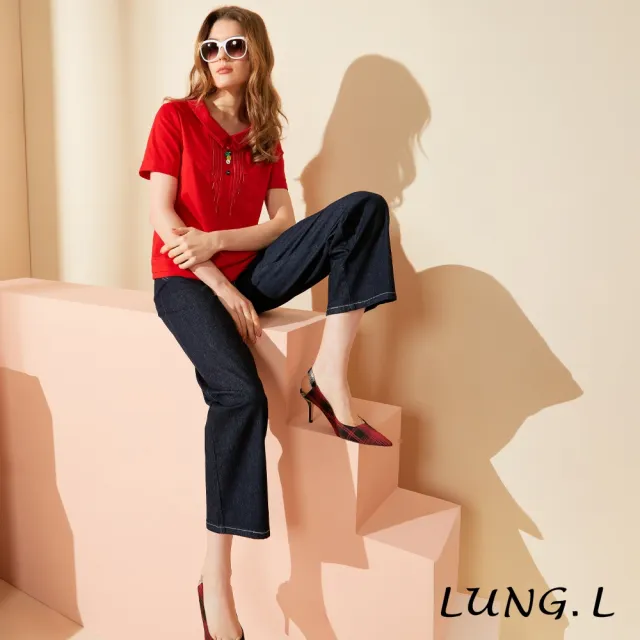 【LUNG.L 林佳樺】LW24A 紅色立體飾條搭配彩釦短袖女裝上衣