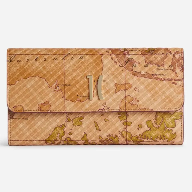 【Alviero Martini】義大利地圖包 波紋小羊皮16卡釦式中長夾17.5cm-地圖黃(皮夾 真皮 中夾
