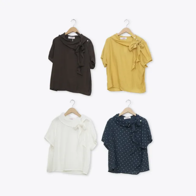 【CUMAR】翻領荷葉波浪造型上衣 藍 白 咖 黃(魅力商品)