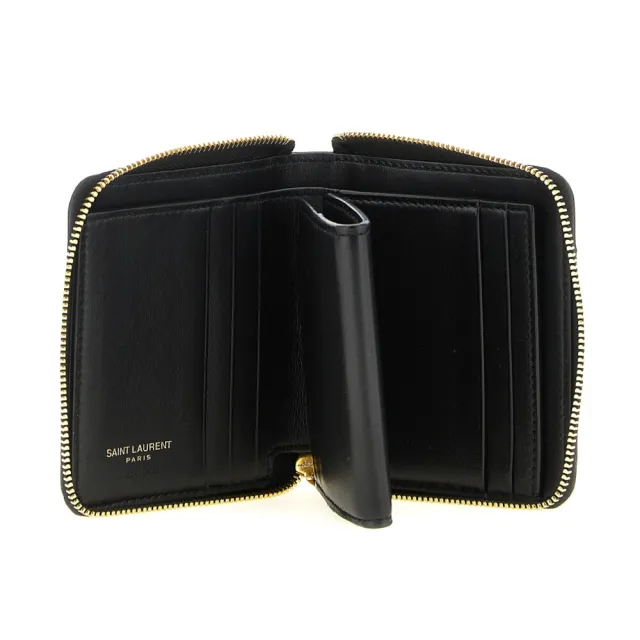 【YSL】SAINT LAURENT Cassandre Bijou 粒面小牛皮 拉鍊 皮夾 卡夾 零錢包 短夾 黑色 862522AAANG1000