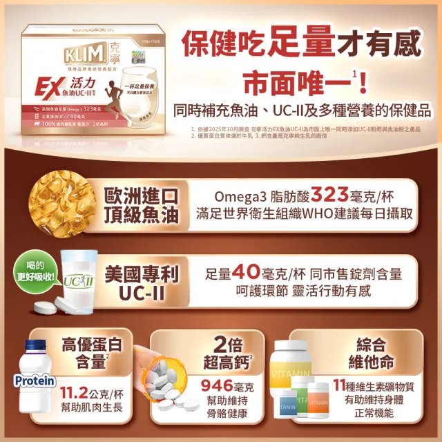 【KLIM 克寧】活力EX魚油UC-II配方奶粉X6盒(1盒15入)(高鈣/乳清蛋白/膠原蛋白/免運/水沖即享/禮盒)