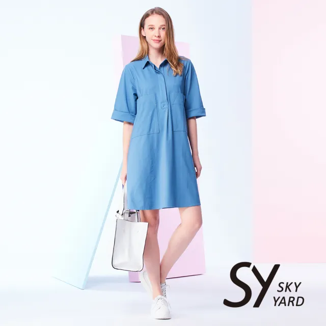 【SKY YARD】網路限定款-舒適棉料牛仔連身洋裝-藍色