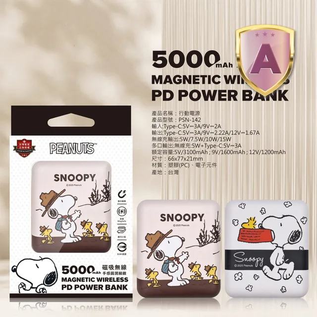 【SNOOPY 史努比】晶磁磁吸行動電源 5000mAh(Magsafe/P-161)
