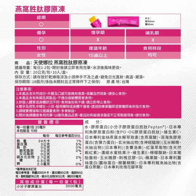 【Angel LaLa 天使娜拉】日本專利燕窩胜肽膠原凍(10包/盒/水蜜桃/膠原蛋白/燕窩酸/賴雅妍)