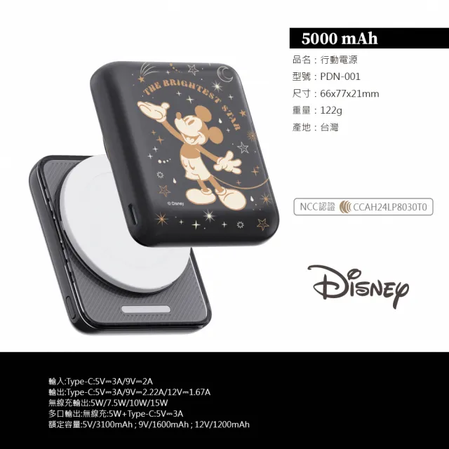 【Disney 迪士尼】磁吸晶磁行動電源 5000mAh(Magsafe/快充/維尼/三眼怪)
