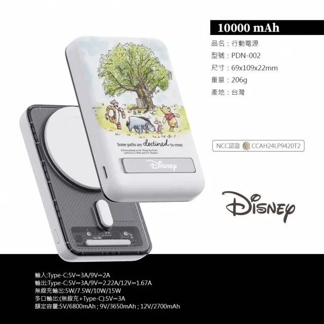 【Disney 迪士尼】磁吸無線充晶磁行動電源 10000mAh (Magsafe/維尼/三眼怪/P-162)