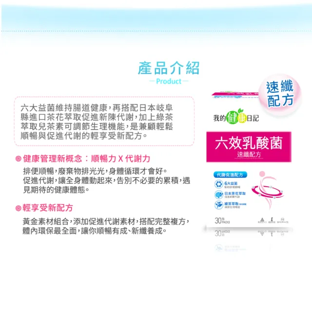 【我的健康日記】六效乳酸菌速纖配方2盒組(共60包 順暢力 代謝力 綠茶萃取(含兒茶素))